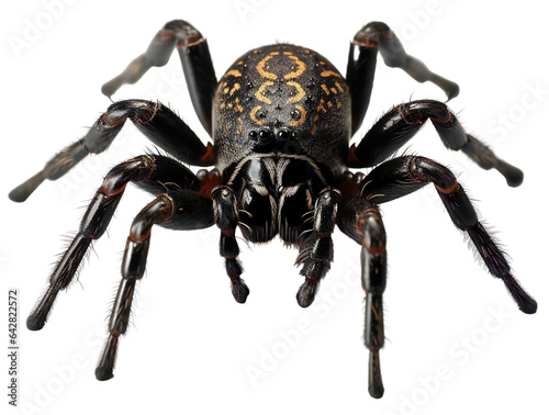 Large black spider with an orange pattern on the body. Spider closeup front view. Isolated on a transparent background. © Honey Bear