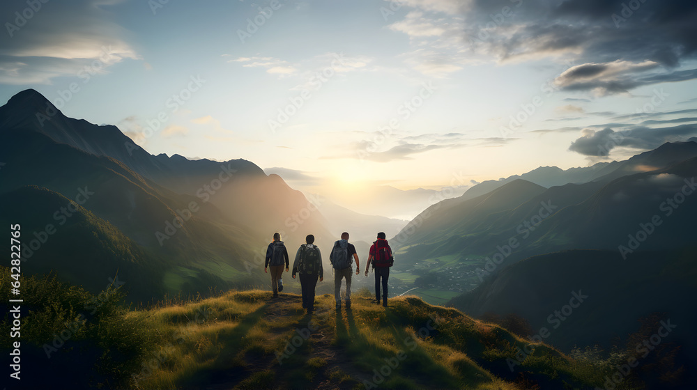 Group of sporty people hiking in mountain at sunset