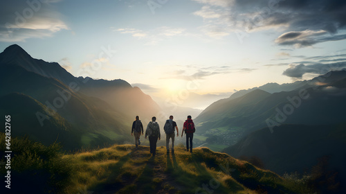 Group of sporty people hiking in mountain at sunset