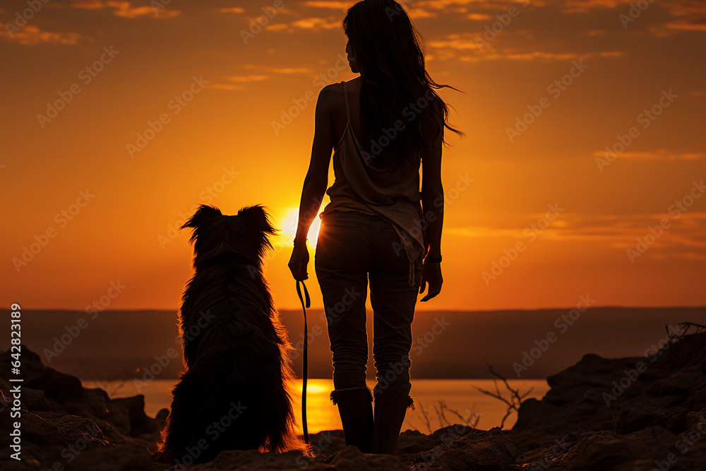 Silhouette of a woman with a dog on the beach at sunset