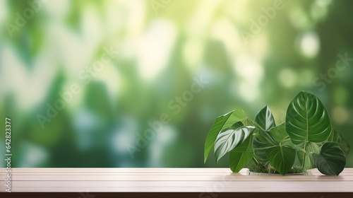 Empty wooden table with green plant in the garden