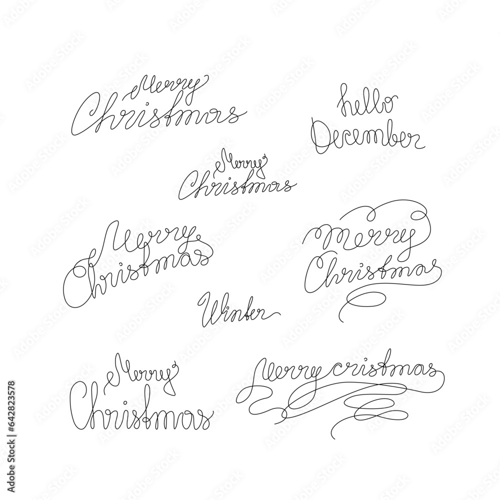 Merry Christmas lettering set, 2024, emblem, logo design, greeting card, invitation, continuous line drawing, neon, banner, poster, flyers, marketing, single line white background, isolated vector