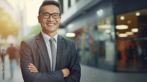 An Asian entrepreneur smiles in front of their business consultancy, guiding companies to success