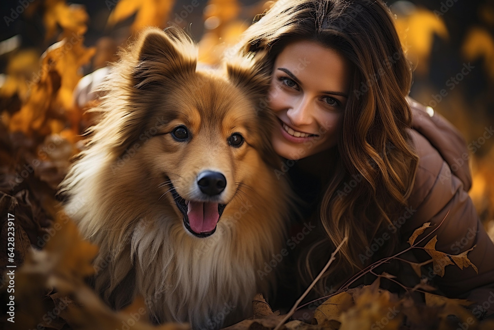 Portrait of a happy young woman with her dog in autumn park Portrait of a happy young woman with her dog in autumn park