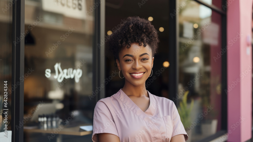 Fototapeta premium The black business owner stands proudly outside their beauty salon, celebrating self-expression