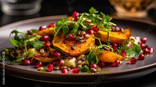 roasted pumpkin salad with pomeal, lented quies and hazelnuts on a plate is shown in the background