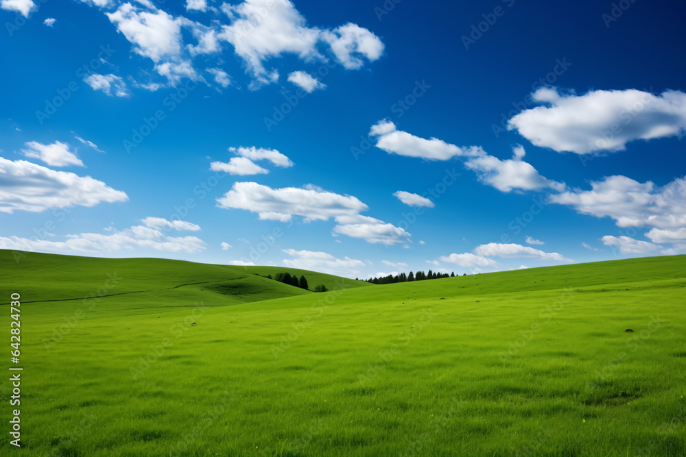 Sky and grass background, fresh green fields under the blue sky in spring