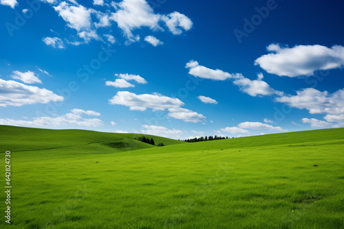 Sky and grass background, fresh green fields under the blue sky in spring © Adobe Contributor