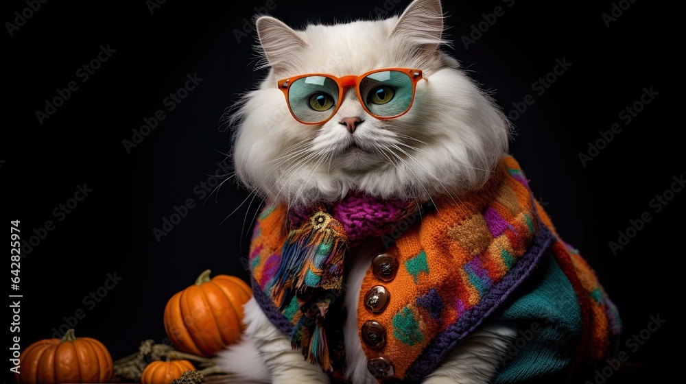 Obraz premium a white cat wearing glasses and a colorful sweater, with pumpkins in the background on a black background photo by person
