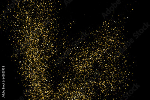 Gold Glitter Texture Isolated On Black. Goldish Color Sequins. Golden Explosion Of Confetti. Design Element. Celebratory Background. Vector Illustration, Eps 10.
