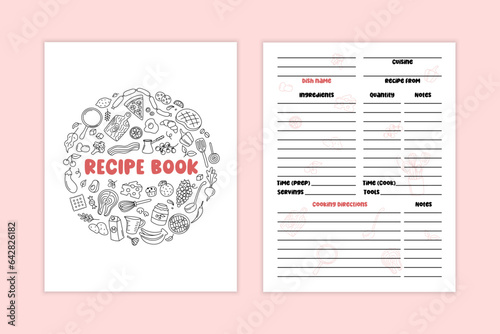 Recipe Book template. Cover of cookbook and dish page blank. Vector illustration