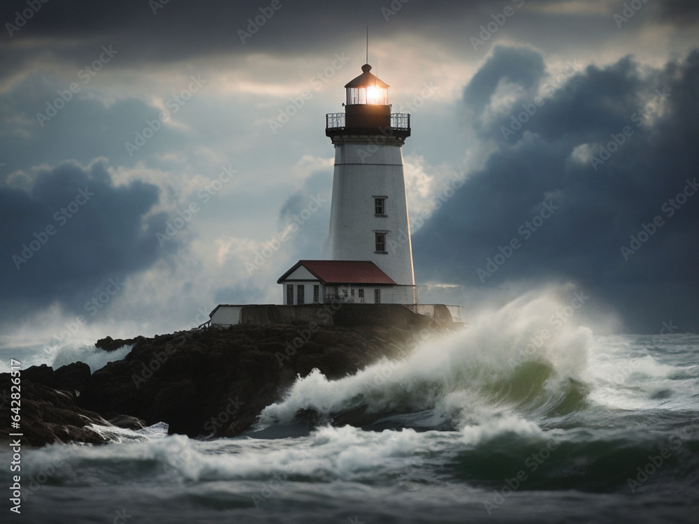 Lighthouse on the rocks in stormy day.
