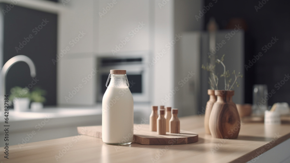a carton of almond milk in a minimalist design kitchen, medium shot, symmetrical, in the morning light a carton of almond milk in a minimalist design kitchen, medium shot, symmetrical, in the morning light