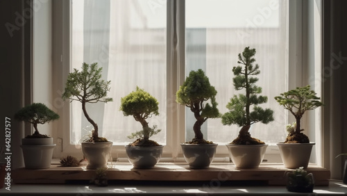 a selection of small bonsai plants on the window of minimalist design  wide shot  symmetrical  in the morning light