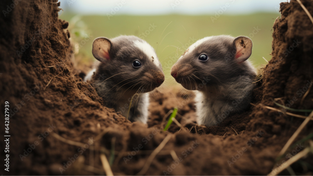 Side view, cinema lens, of two newborn badger cubs standing in a hole in the ground, blurred background, grunge style Side view, cinema lens, of two newborn badger cubs standing in a hole in the ground, blurred background, grunge style
