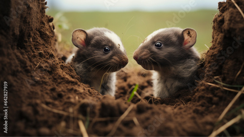 Side view, cinema lens, of two newborn badger cubs standing in a hole in the ground, blurred background, grunge style © نيلو ڤر