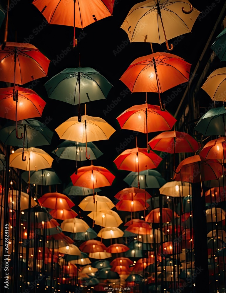 many colorful umbrellas hanging from the ceiling in a dark room with lights on either side of each other umbrellas
