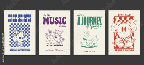 groovy 70s posters or t-shirt graphics printed with a retro cartoon character, vector illustration