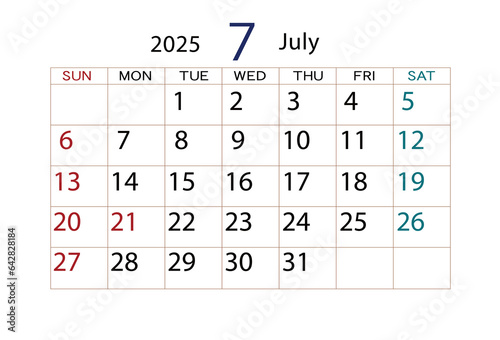 2025年カレンダー7月
