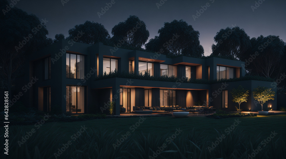 3d rendering of modern cozy house. Clear summer night with many lights.
