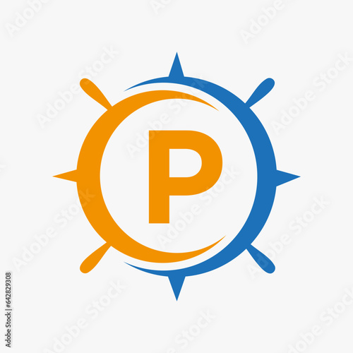 Letter P Ship Logo Concept With Ship Wheel Sign Vector Template
