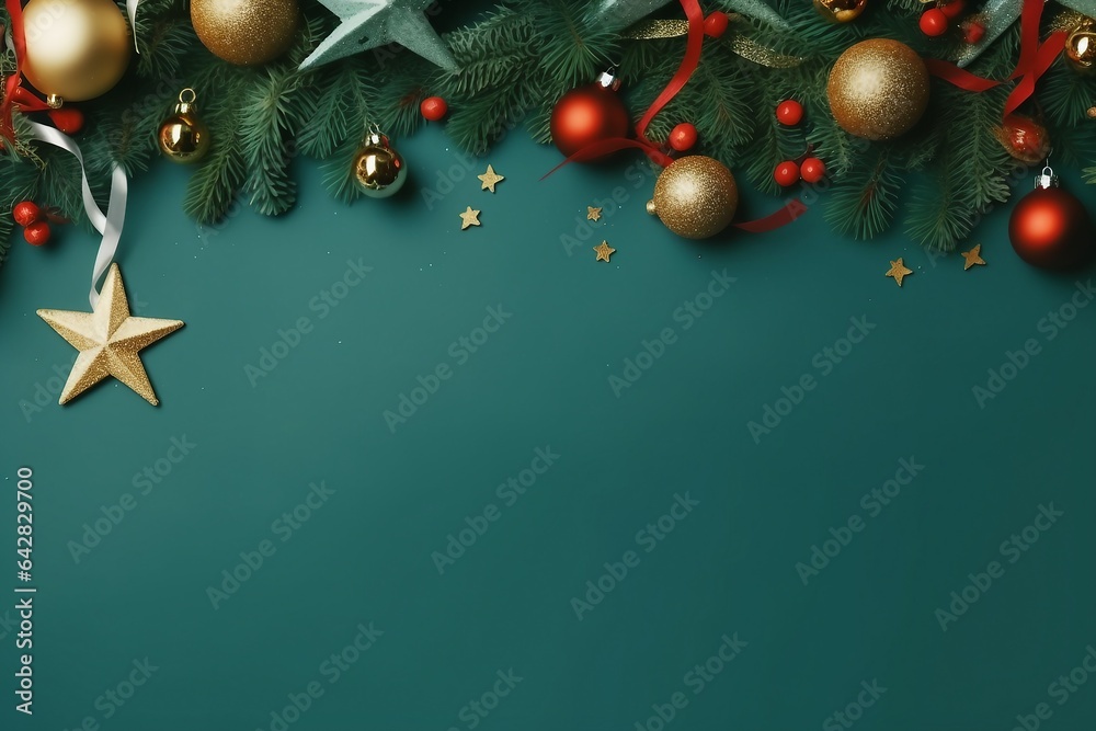 © SEUNGJIN - Merry Christmas.Stylish christmas border with festive decorations, confetti, fir branches on green background. Christmas flat lay, seasons greetings card template, space for text. generative ai. © SEUNGJIN - Merry Christmas.Stylish christmas border with festive decorations, confetti, fir branches on green background. Christmas flat lay, seasons greetings card template, space for text. generative ai.