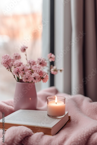Pink flowers in vase, book and burning candle on window sill