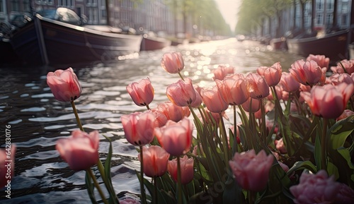 pink tulipps in the water with boats and buildings in the background, taken on a sunny spring day photo