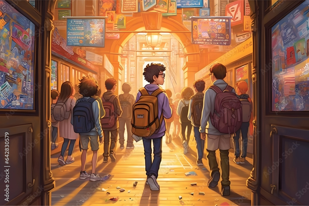 Back to school concept. Many children with backpacks coming back to ...