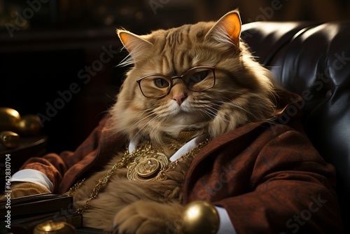 a fat red cat wearing human clothes, heavy golden chains and coins looking seriously and self-confidently ready to make a finance trade. photo