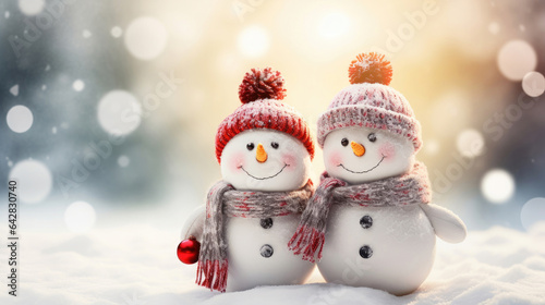 Christmas holiday banner of funny smiling snowmans with wool hat and scarf © Venka