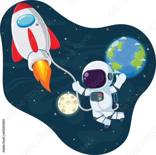 Cute Astronaut flying With Rocket On Space