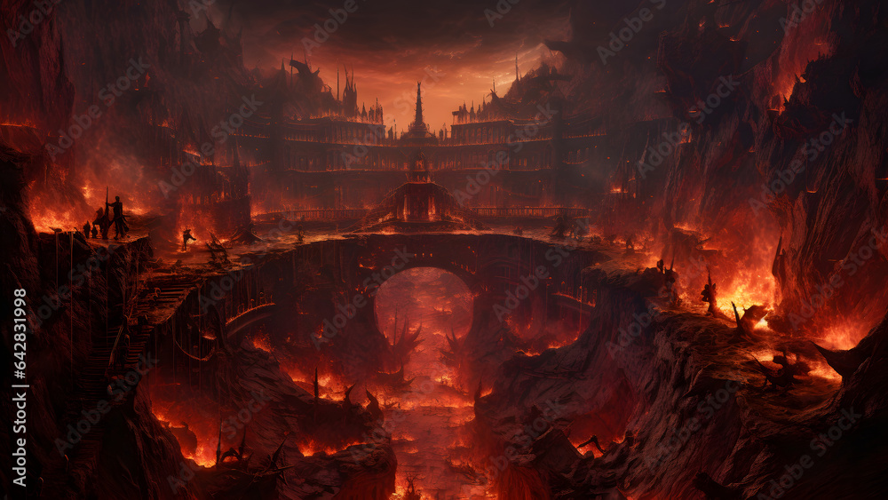 A dark hellish fantasy medieval city with a lot of fire coming out of it. Neural network generated in May 2023. Not based on any actual scene or pattern. - obrazy, fototapety, plakaty 