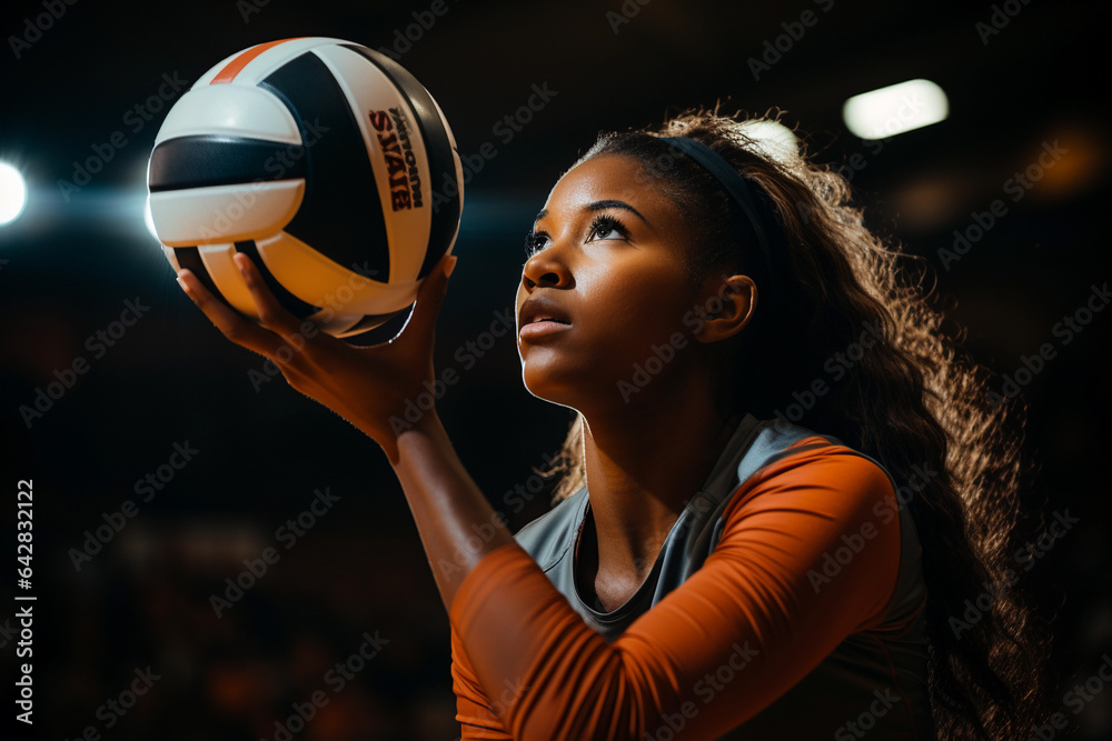 Portrait of a young female volleyball player in action during a match - obrazy, fototapety, plakaty 