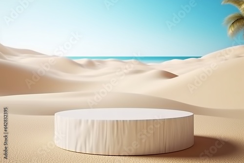 3D Podium on a Tropical Beach, Perfect for Product Display in a Summer Vacation Theme. Created With Generative AI Technology