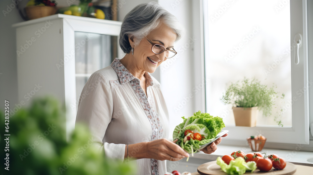 Happy old woman preparing healthy food at home