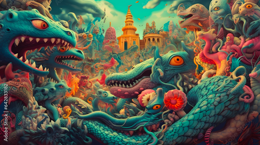 A painting of a fantasy psychedelic trip. Neural network generated in May 2023. Not based on any actual scene or pattern. A painting of a fantasy psychedelic trip. Neural network generated in May 2023. Not based on any actual scene or pattern.
