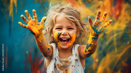Joyful child girl laughing and showing dirty hands with colorful paint