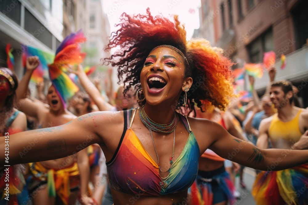 Vibrant colors, joy, and diversity of a Pride parade as it winds through the city streets, with participants proudly celebrating their LGBTQ+ identities. Generative Ai Vibrant colors, joy, and diversity of a Pride parade as it winds through the city streets, with participants proudly celebrating their LGBTQ+ identities. Generative Ai