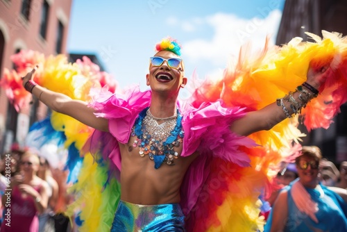 Vibrant colors, joy, and diversity of a Pride parade as it winds through the city streets, with participants proudly celebrating their LGBTQ+ identities. Generative Ai