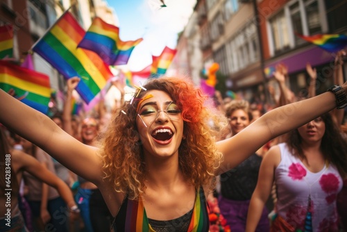 Vibrant colors, joy, and diversity of a Pride parade as it winds through the city streets, with participants proudly celebrating their LGBTQ+ identities. Generative Ai
