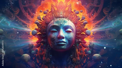 Obraz psychedelic woman full face colorful portrait. Neural network generated in May 2023. Not based on any actual scene or pattern.