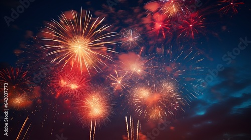 Beautiful, vibrant fireworks are seen exploding from below against a backdrop of the night sky.