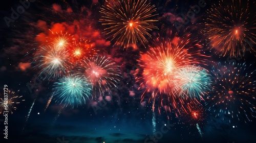 Beautiful  vibrant fireworks are seen exploding from below against a backdrop of the night sky.