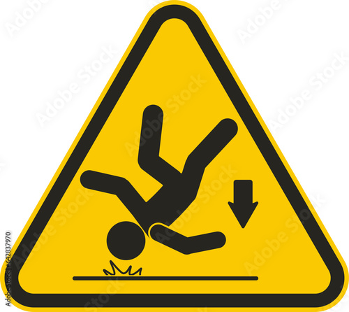 Isolated illustration of yellow triangle man falling from high surface, with head injury, for height fall risk safety danger sign