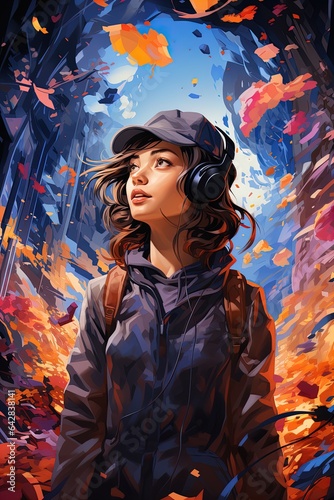 Abstract illustration of a young girl with headphones listening to music, online music in trending colors. Concept of relaxation, good mood, rest © Daniil
