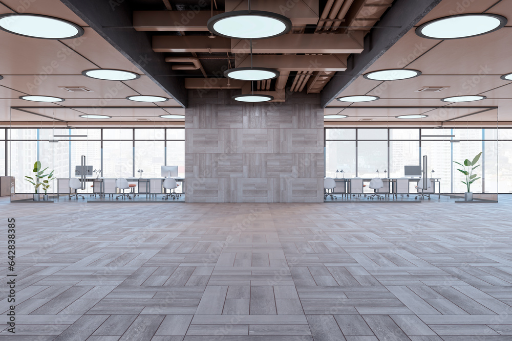 Modern spacious glass office interior with furniture and large panoramic windows with city view. 3D Rendering.