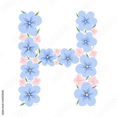 Floral botanical alphabet. Vintage hand drawn monogram letter H. Letter with plants and flowers. Vector lettering isolated on white