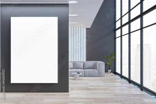 Modern wooden and concrete living room interior with empty white mock up banner, window, city view and furniture. 3D Rendering.