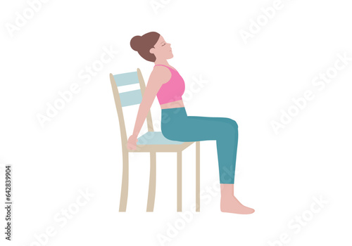 Exercises that can be done at-home using a sturdy chair.
Come to a sitting position, with your feet flat on the ground and your legs together.  with Camel Pose. Cartoon style.